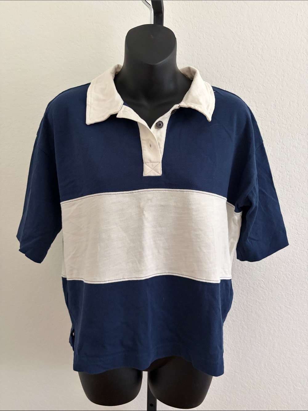 Madewell Navy and Cream Striped Rugby Polo